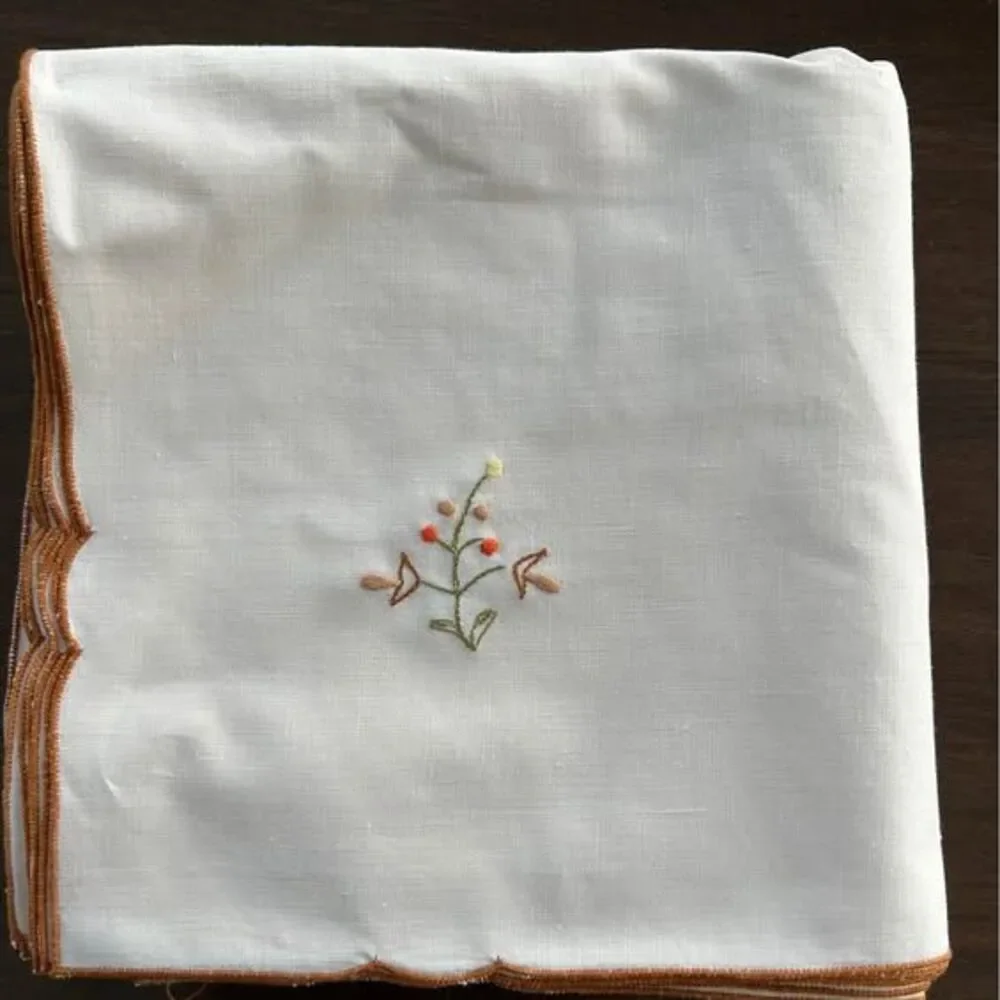 Vintage Linen Cream Napkins w/Mushroom Embroidery & Brown Trim Never Used